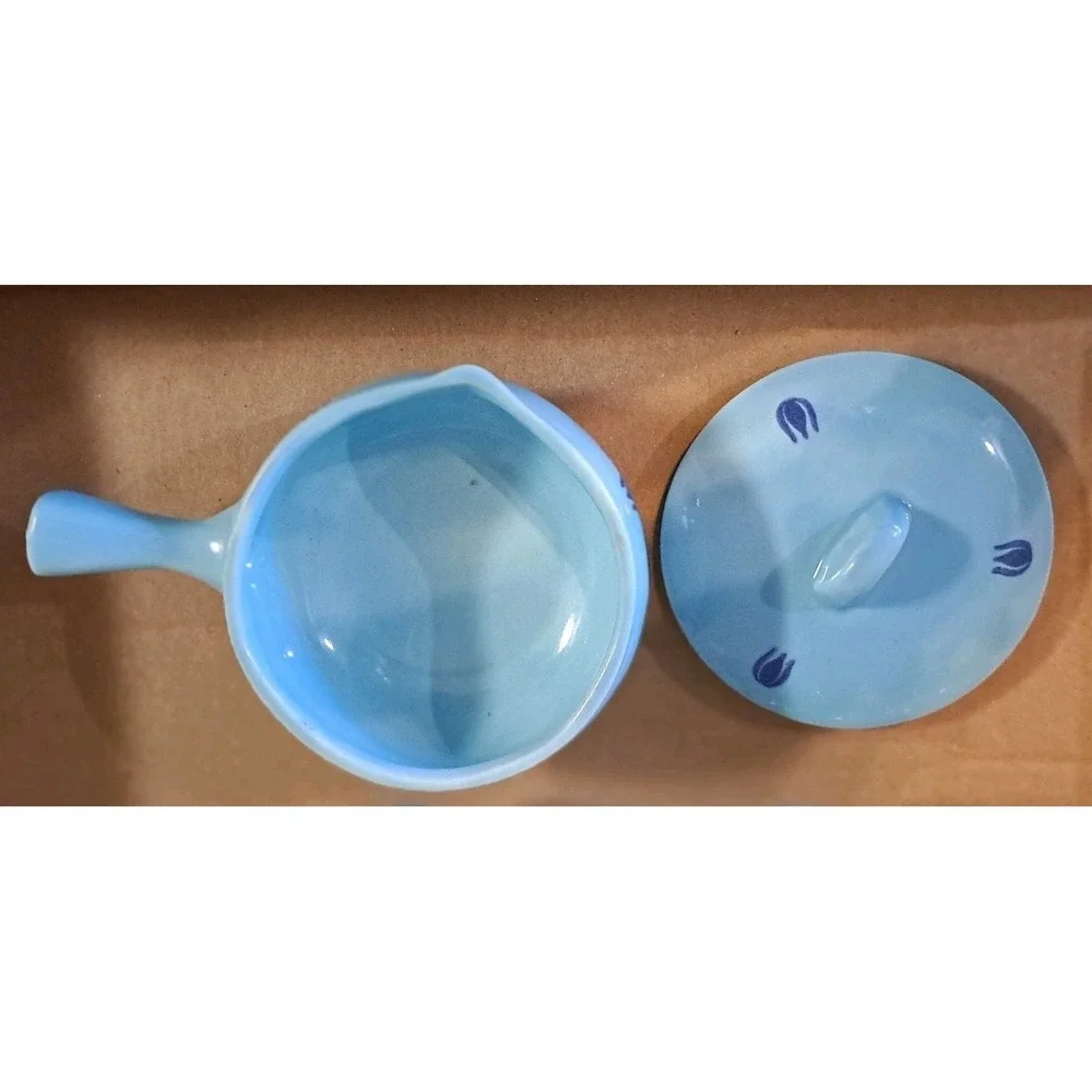 Lot Of 4 Vtg MCM Cronin Blue Tulip Mini Soup/Pot w Lid/Handle Dutch Ovenware USA